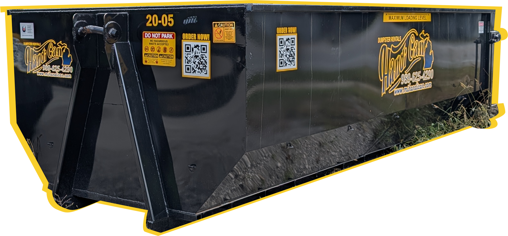 Black industrial dumpster with yellow trim, shown at an angle on a white background