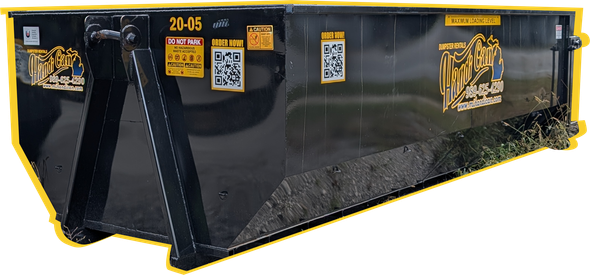 Black dumpster with yellow trim and red reflective stripes, viewed from the front corner.