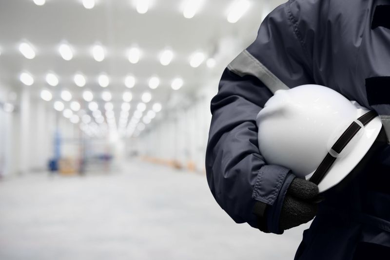 Worker In Blue Jacket Holds White Hard Hat In A Bright Industrial Setting — Wendy's Safety Services in Nhulunbuy, NT