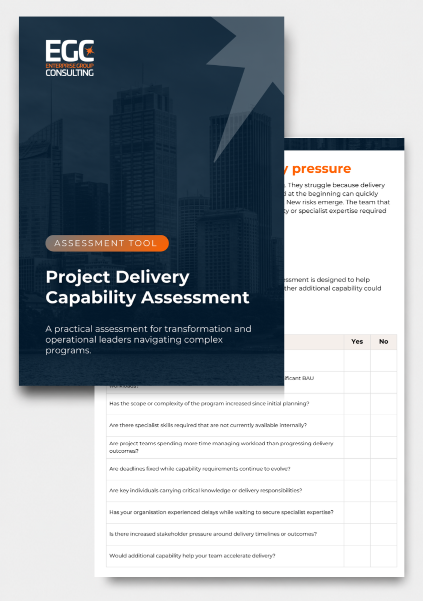 Dark blue “Project Delivery Capability Assessment” booklet over a white document with orange “Premium” heading on the right