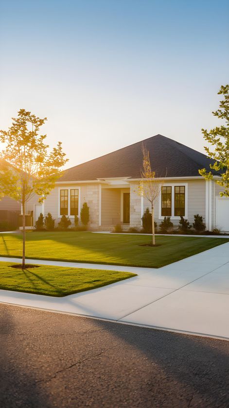 Sunlit suburban house with a manicured lawn, front walkway, and trees at sunset
