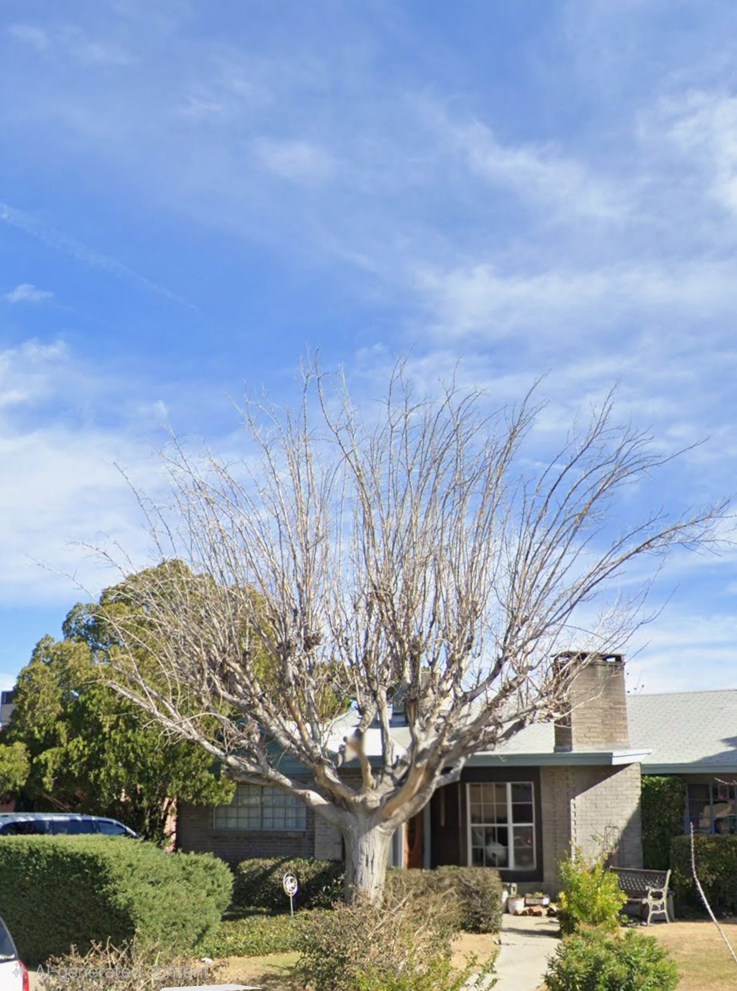 Leafless tree in front of a suburban house under a blue sky