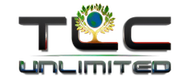 TLC Unlimited logo with stylized letters and a globe with green leaves and a hand motif