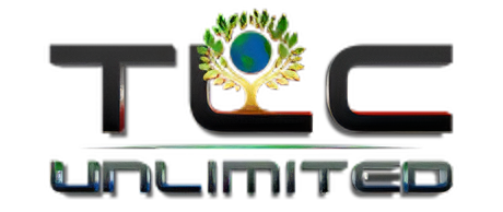 TLC Unlimited logo with stylized letters and a globe with green leaves and a hand motif
