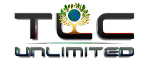 TLC Unlimited logo with stylized letters and a globe with green leaves and a hand motif