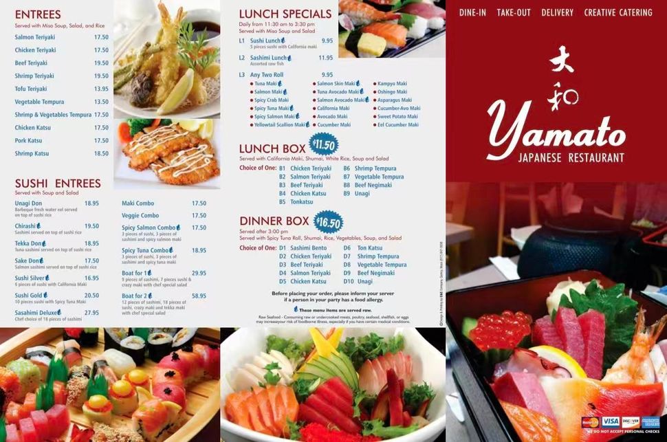 Yamato sushi restaurant menu with sushi photos, lunch specials, and red logo panel