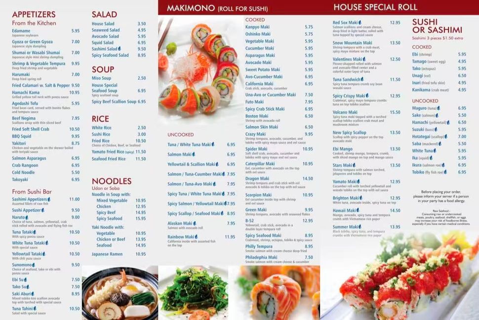 Sushi restaurant menu with rolls, sashimi, soups, and lunch specials in red, white, and blue layout