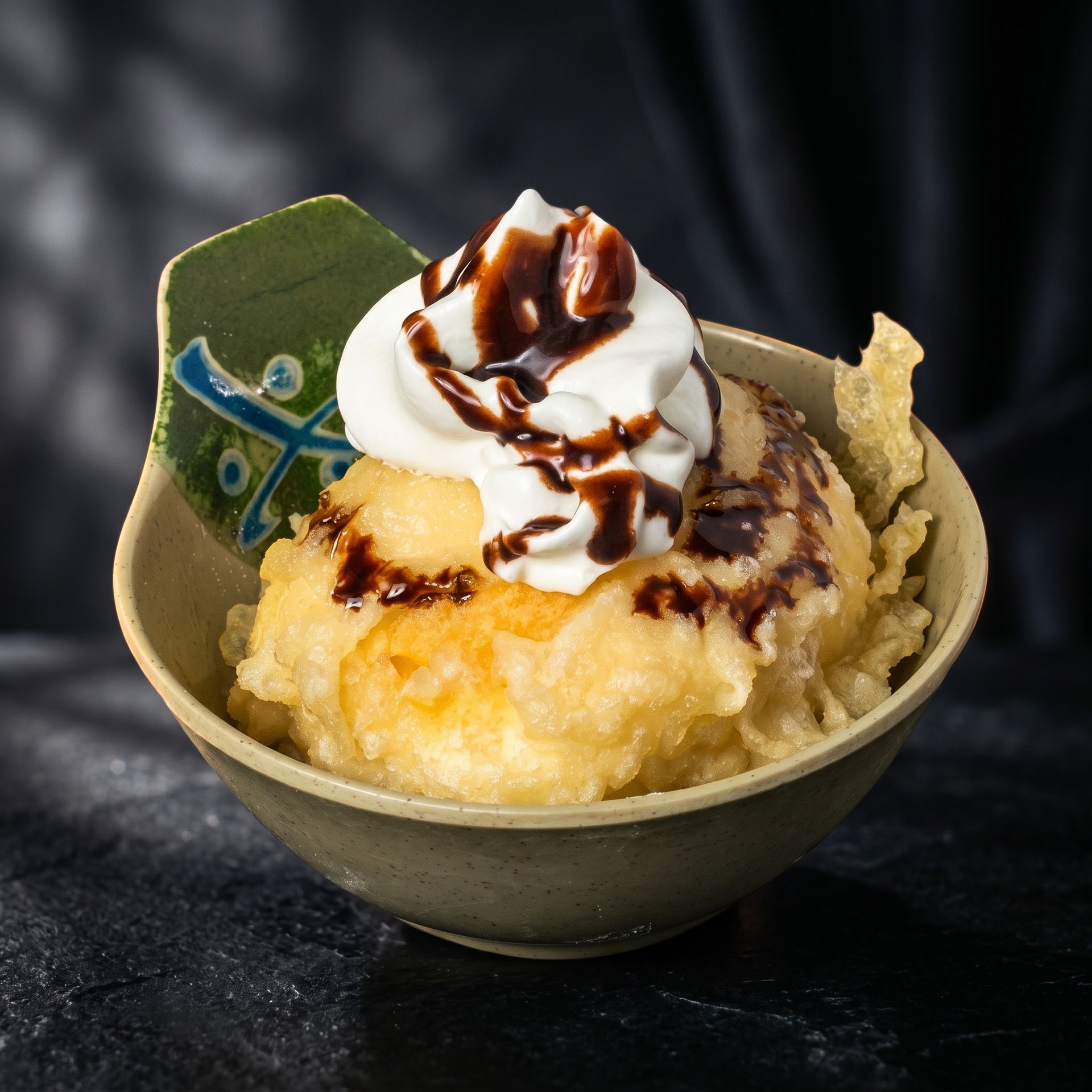 Dessert bowl with vanilla ice cream, chocolate drizzle, and whipped cream on a dark background