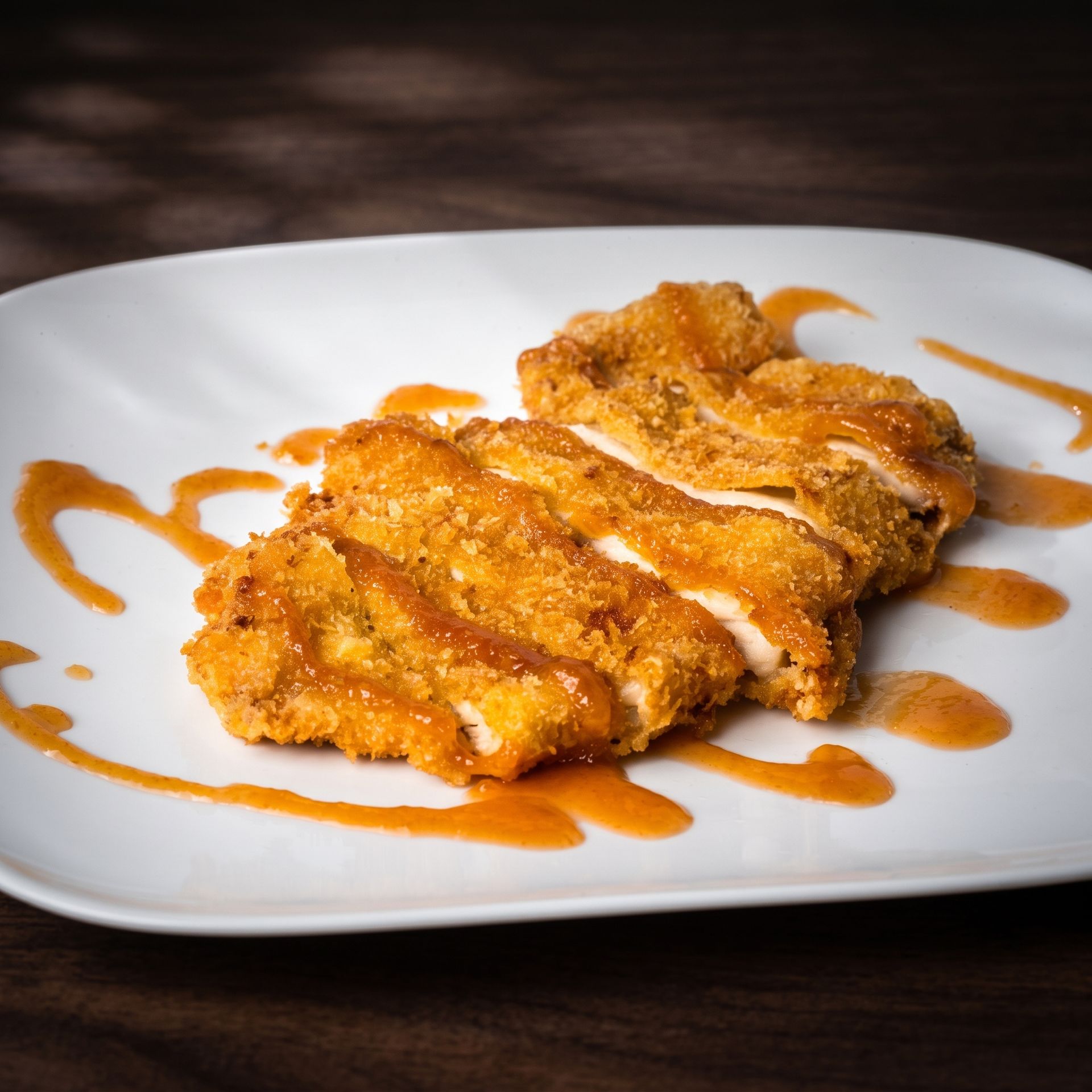 Golden fried cutlets drizzled with orange sauce on a white plate