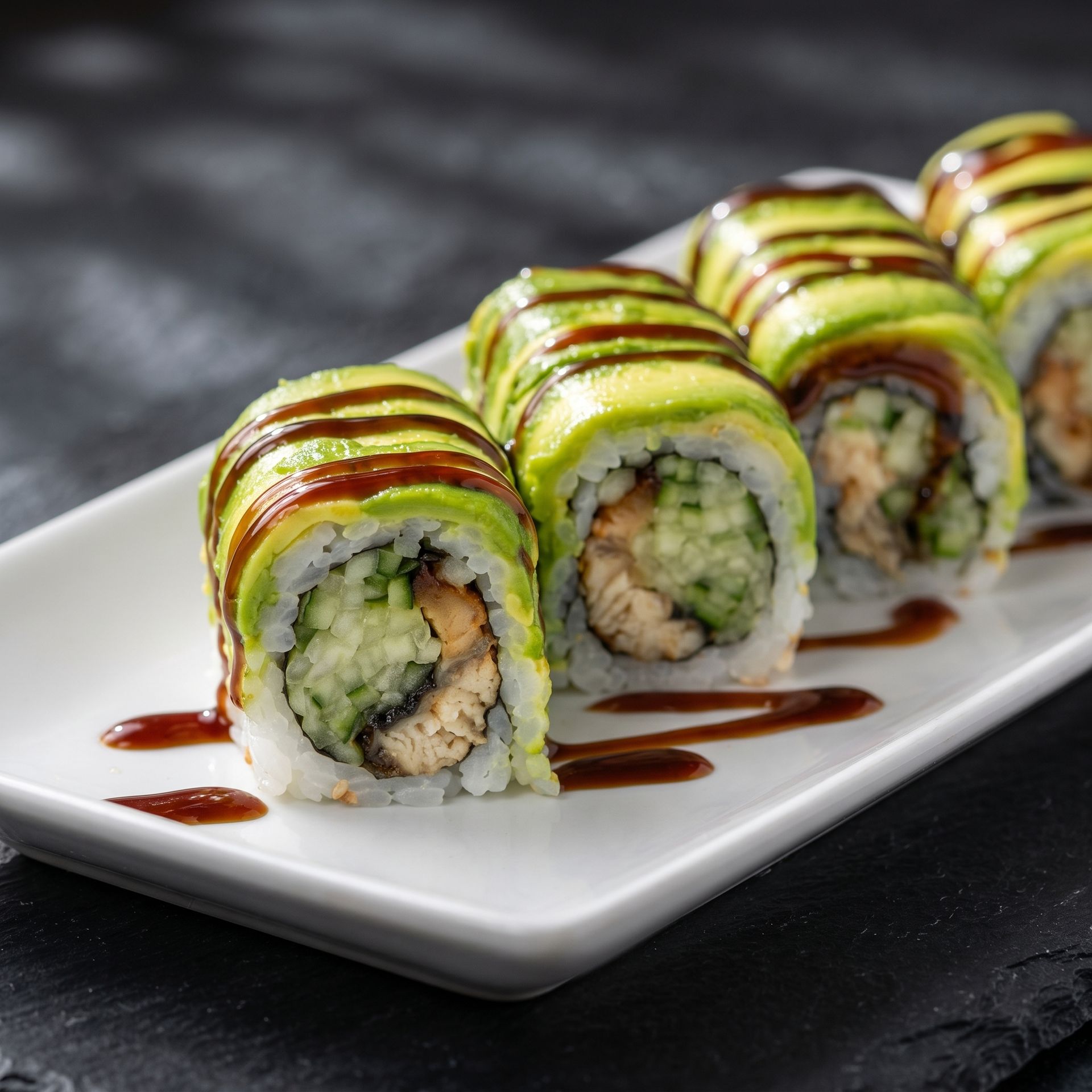 Sushi rolls topped with green avocado and dark sauce on a white rectangular plate