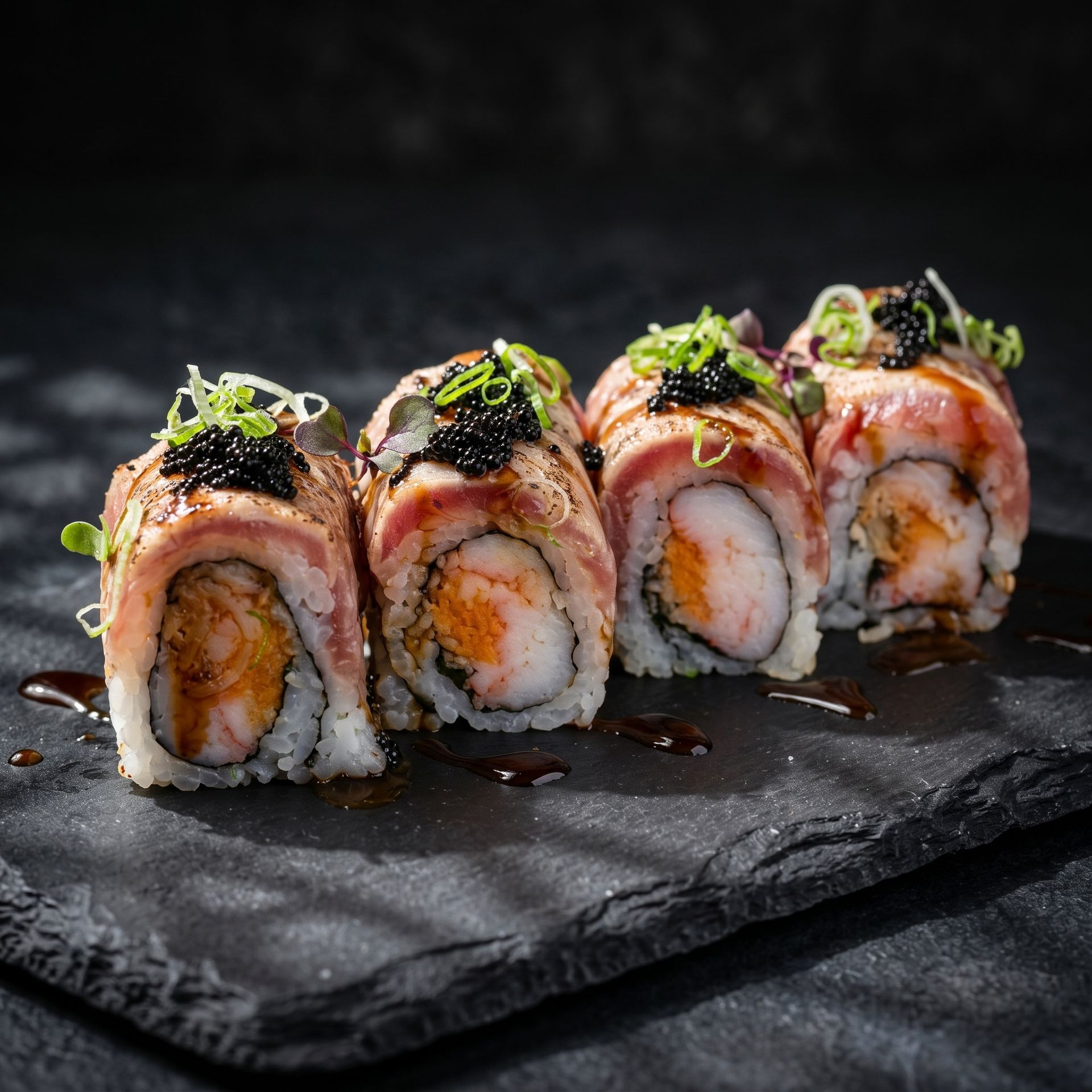 Sushi rolls topped with salmon and black garnish on a dark slate plate