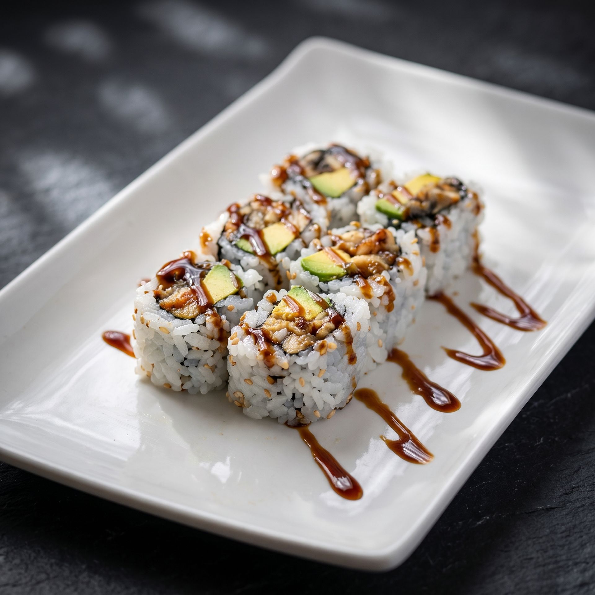 Sushi rolls topped with avocado and sauce on a white rectangular plate