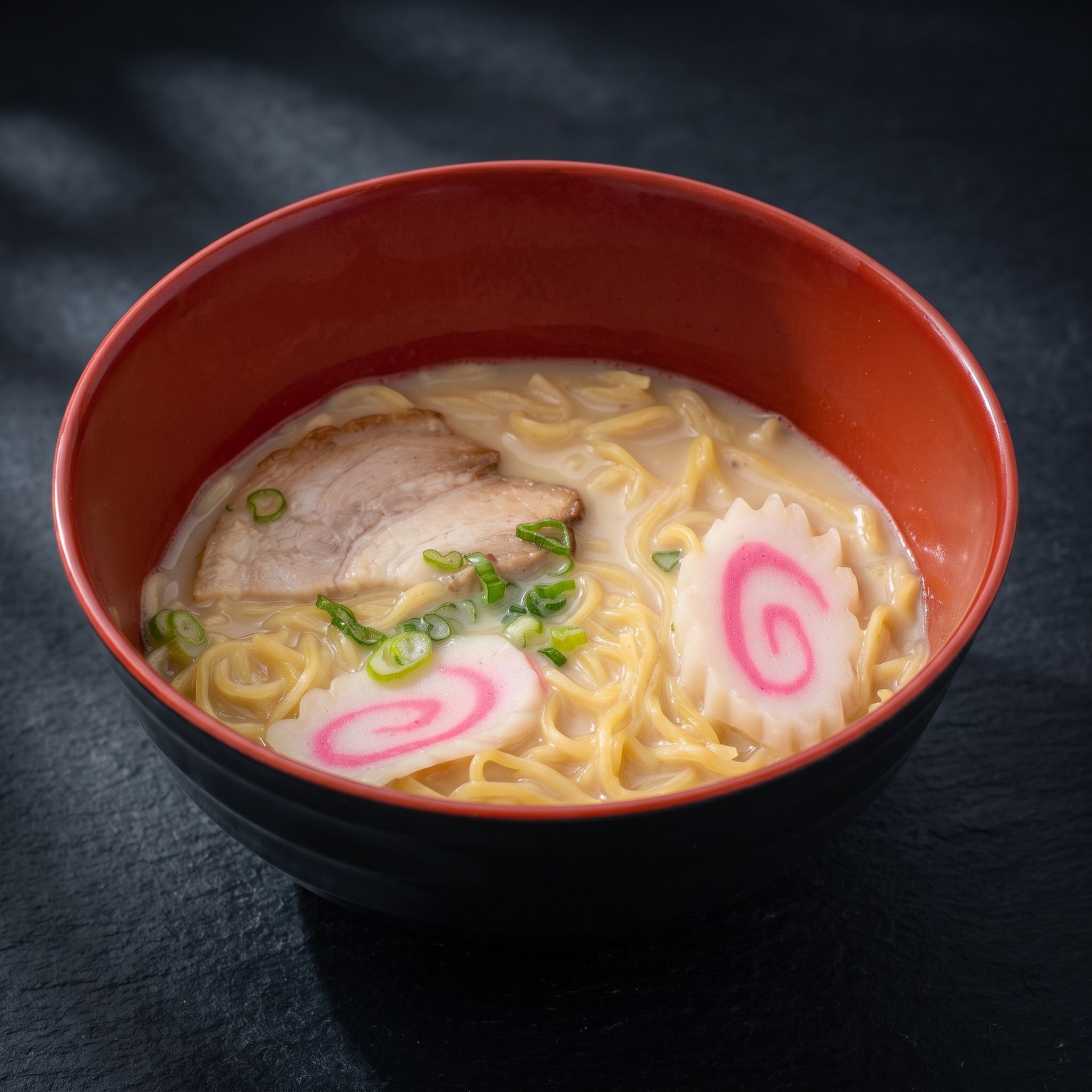 Red bowl of ramen with sliced pork, green onions, and pink-and-white narutomaki on a dark background