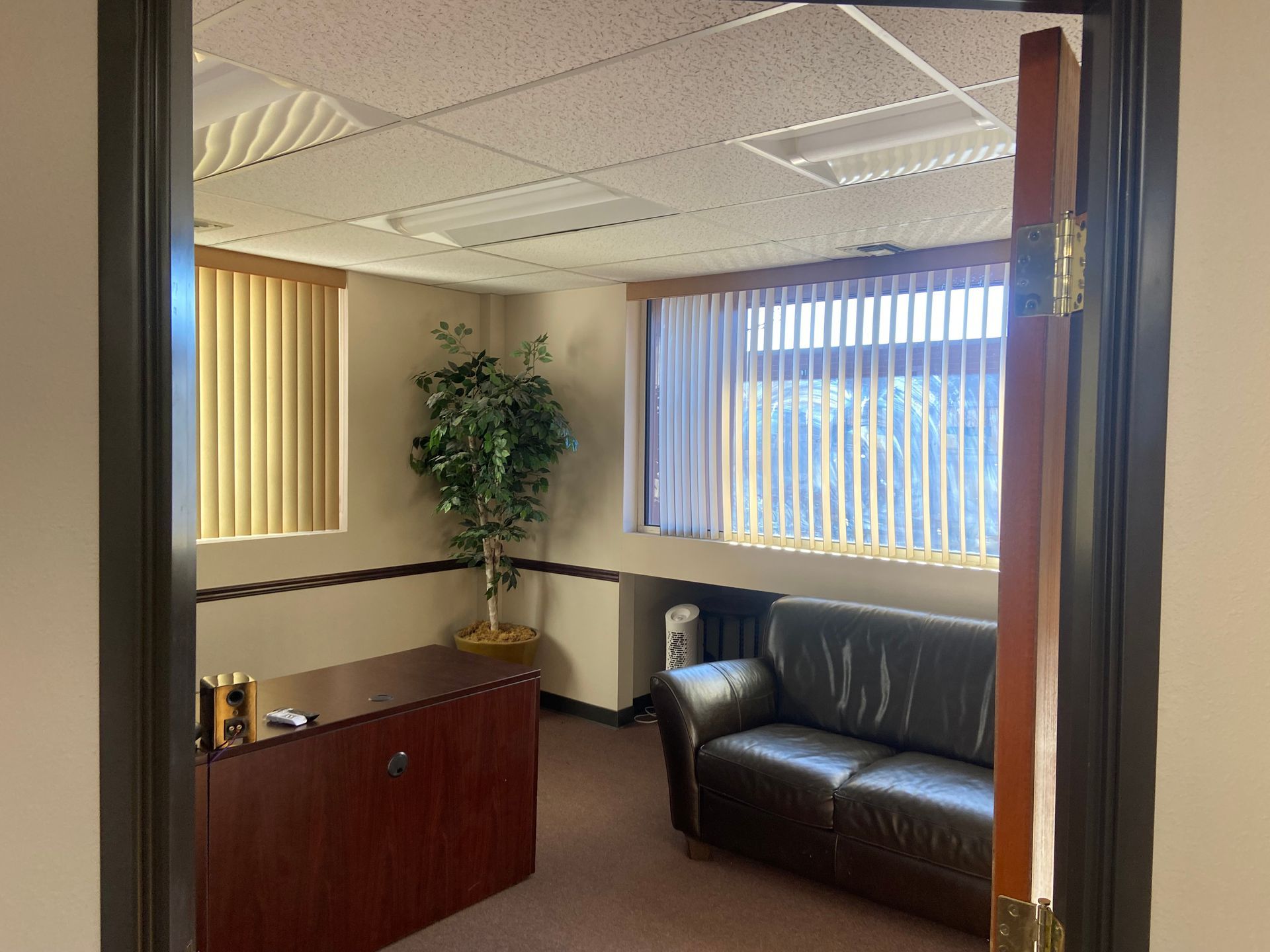 Small office waiting area with a black leather couch, wooden cabinet, and potted plant by the window.