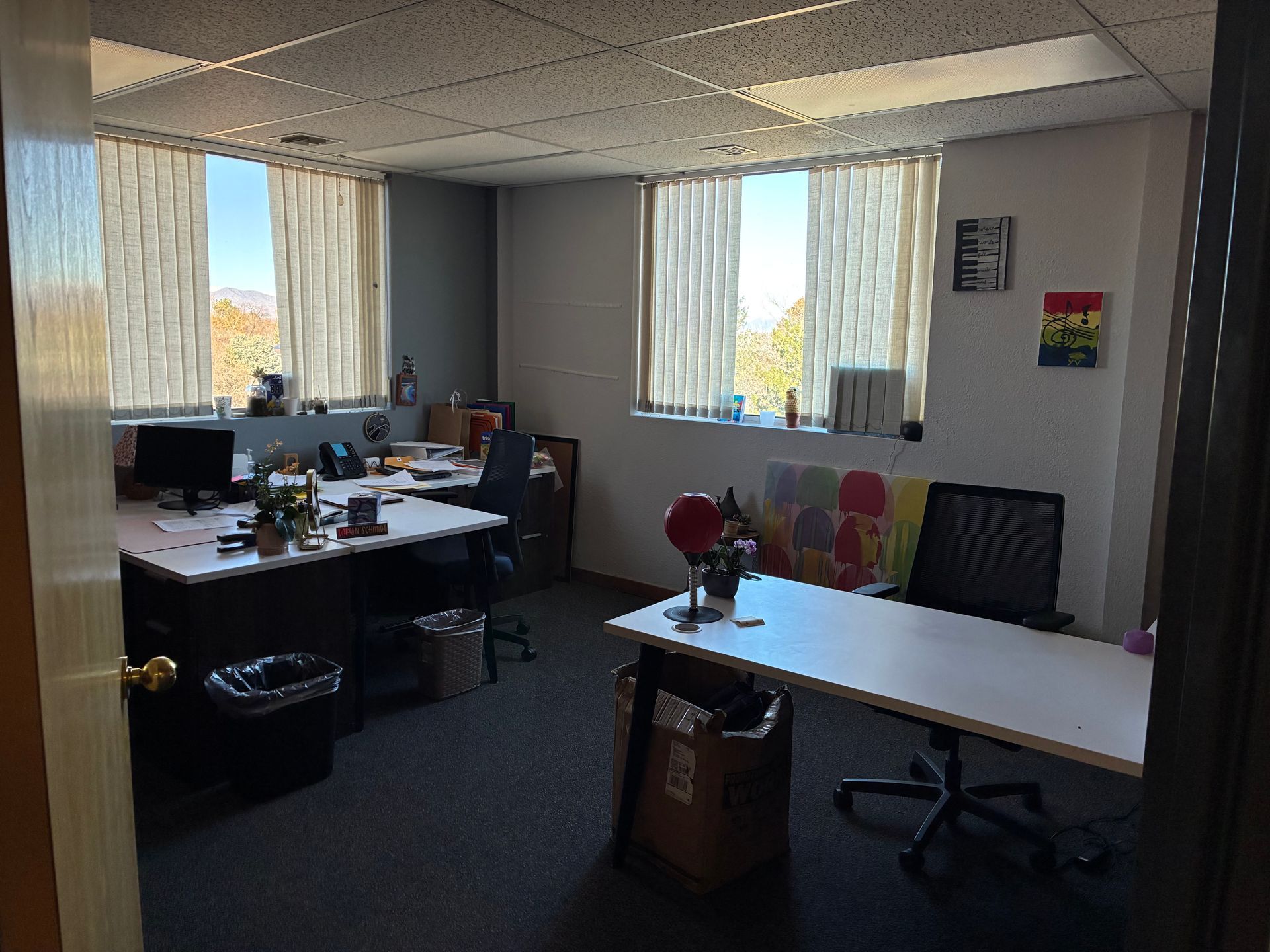 Office with desks, computers, chairs, and windows overlooking a city view