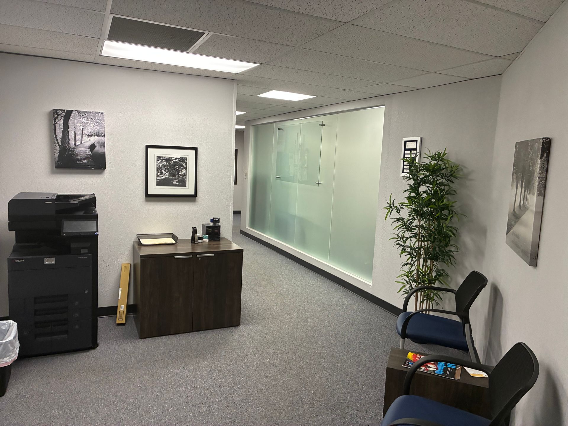 Office lobby with printer, desk, chairs, potted plant, and frosted glass wall