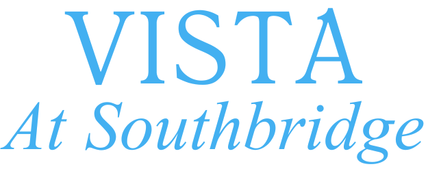 A blue and white logo for vista at southbridge