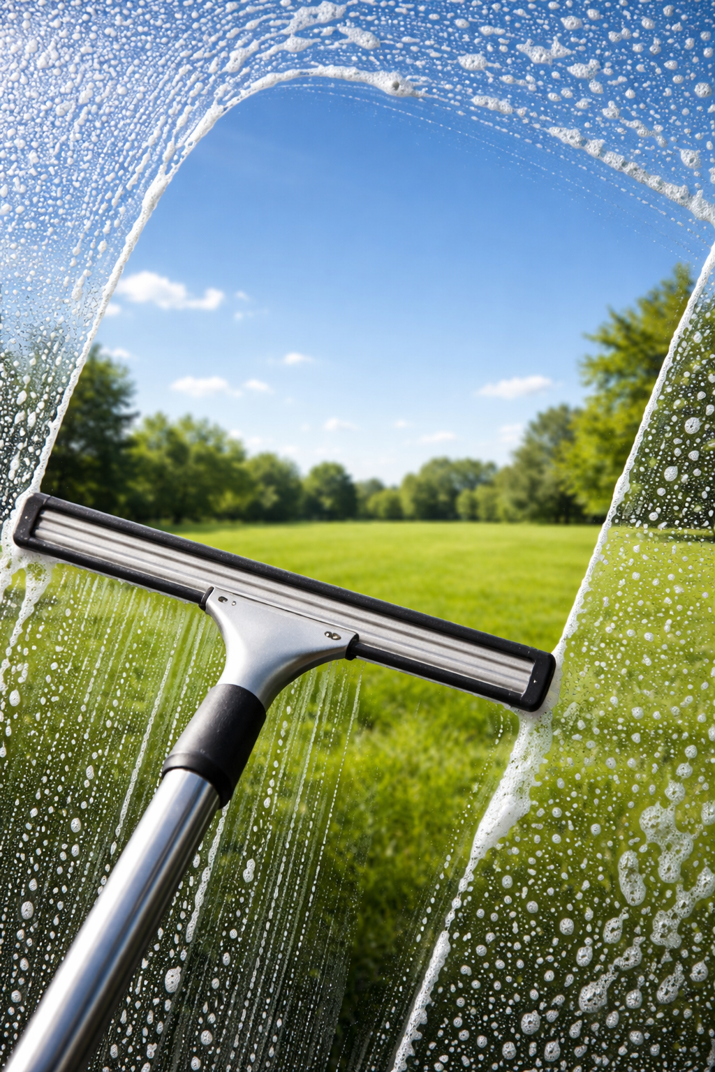 A squeegee cleaning soap suds off a window, revealing a bright green field and blue sky.
