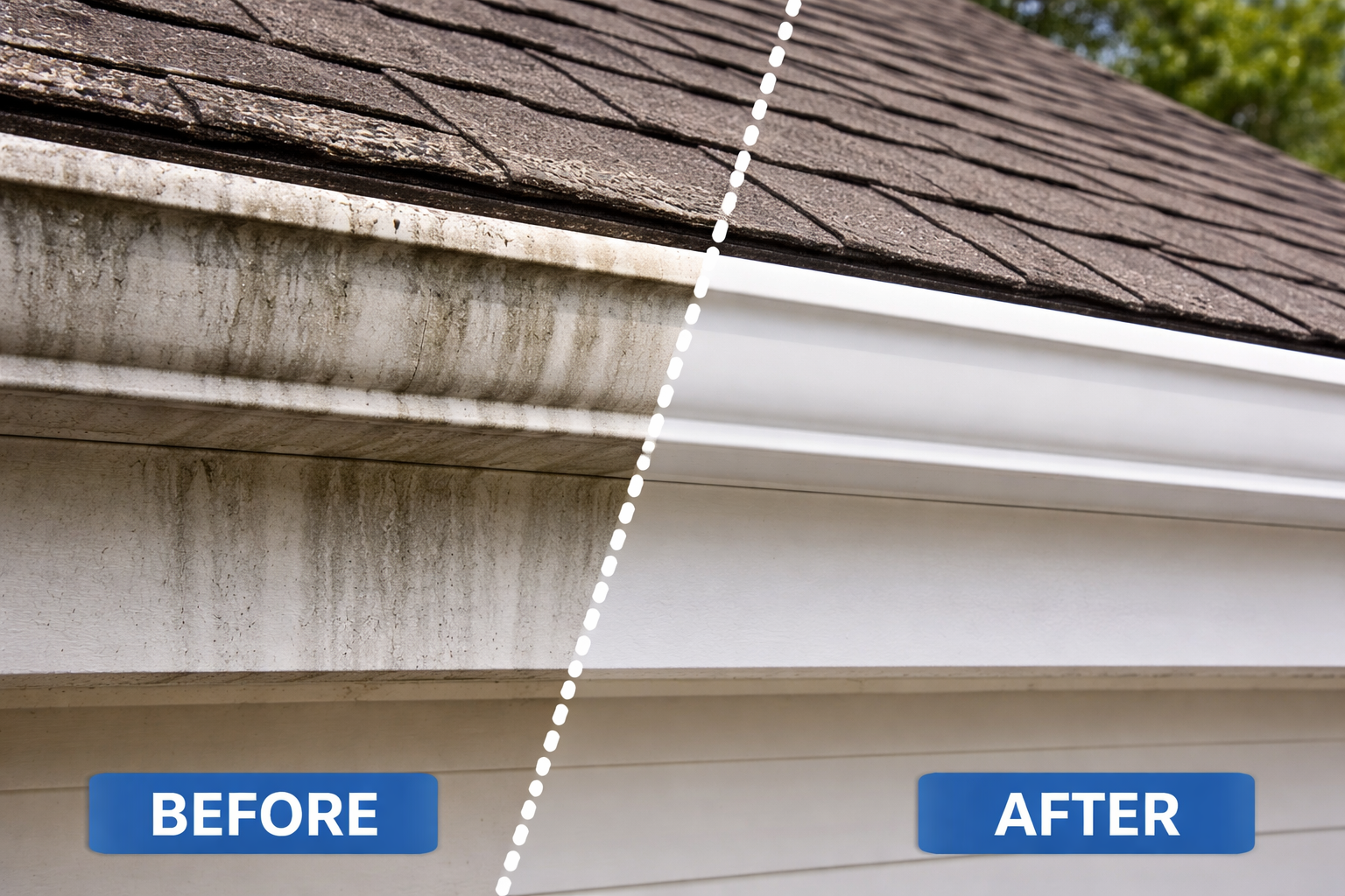 A split-screen comparison showing a dirty, stained house gutter on the left and a clean, white gutter on the right.