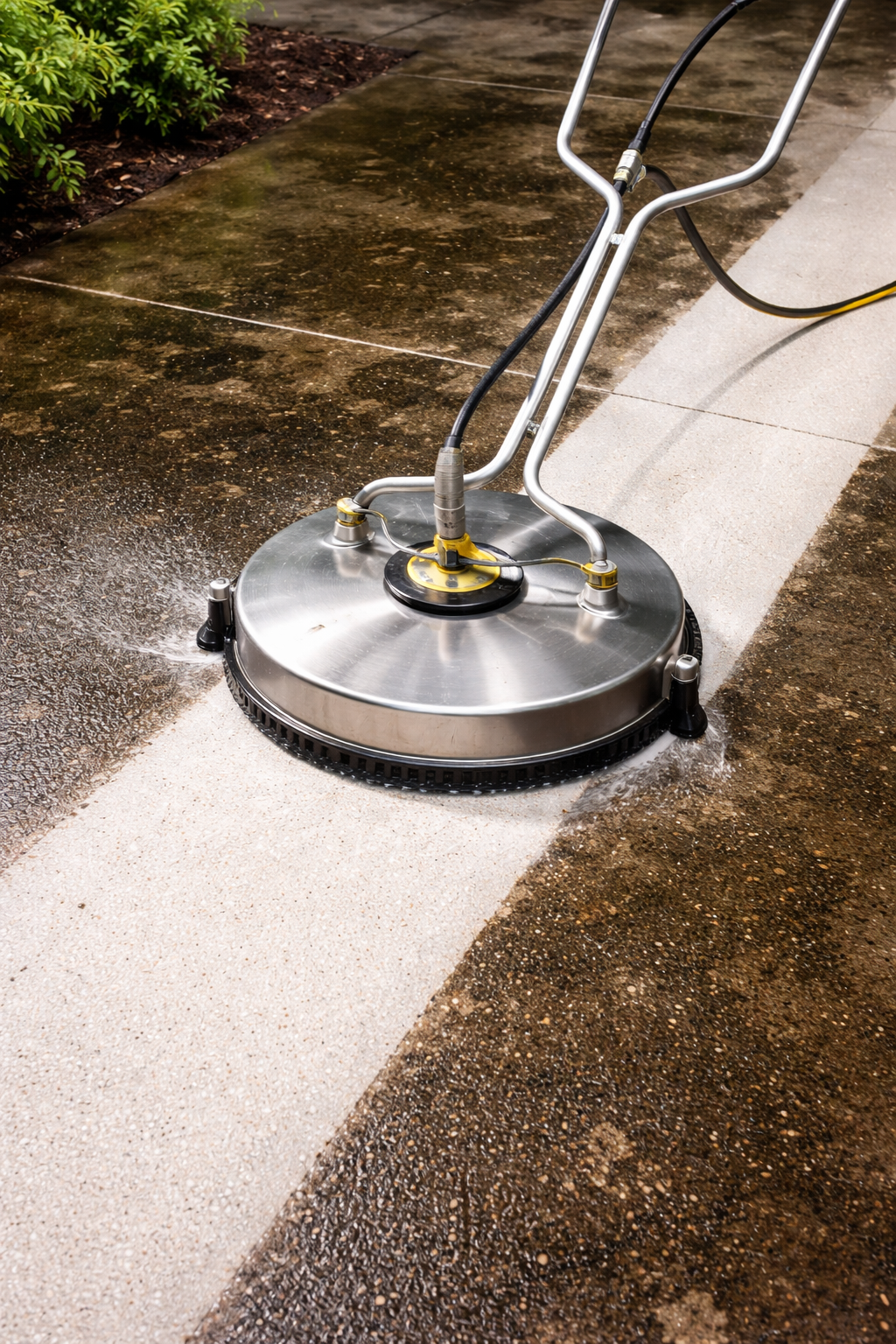 A circular surface cleaner attachment being used to wash a dirty concrete path, revealing a clean, light-colored strip.