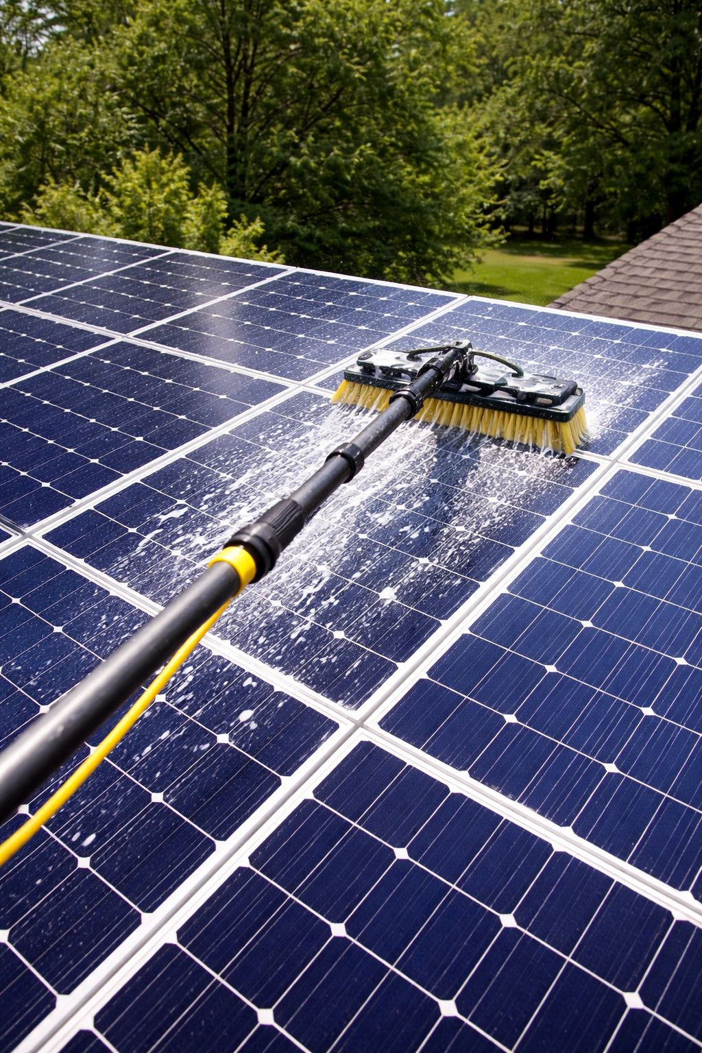 A cleaning brush on a long pole spraying water to wash solar panels on a roof outdoors.