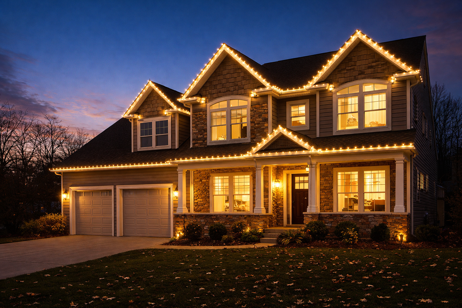 A multi-story stone and siding house decorated with warm white Christmas lights at dusk.