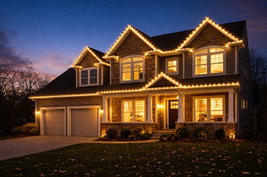 A multi-story stone and siding house decorated with warm white Christmas lights at dusk.