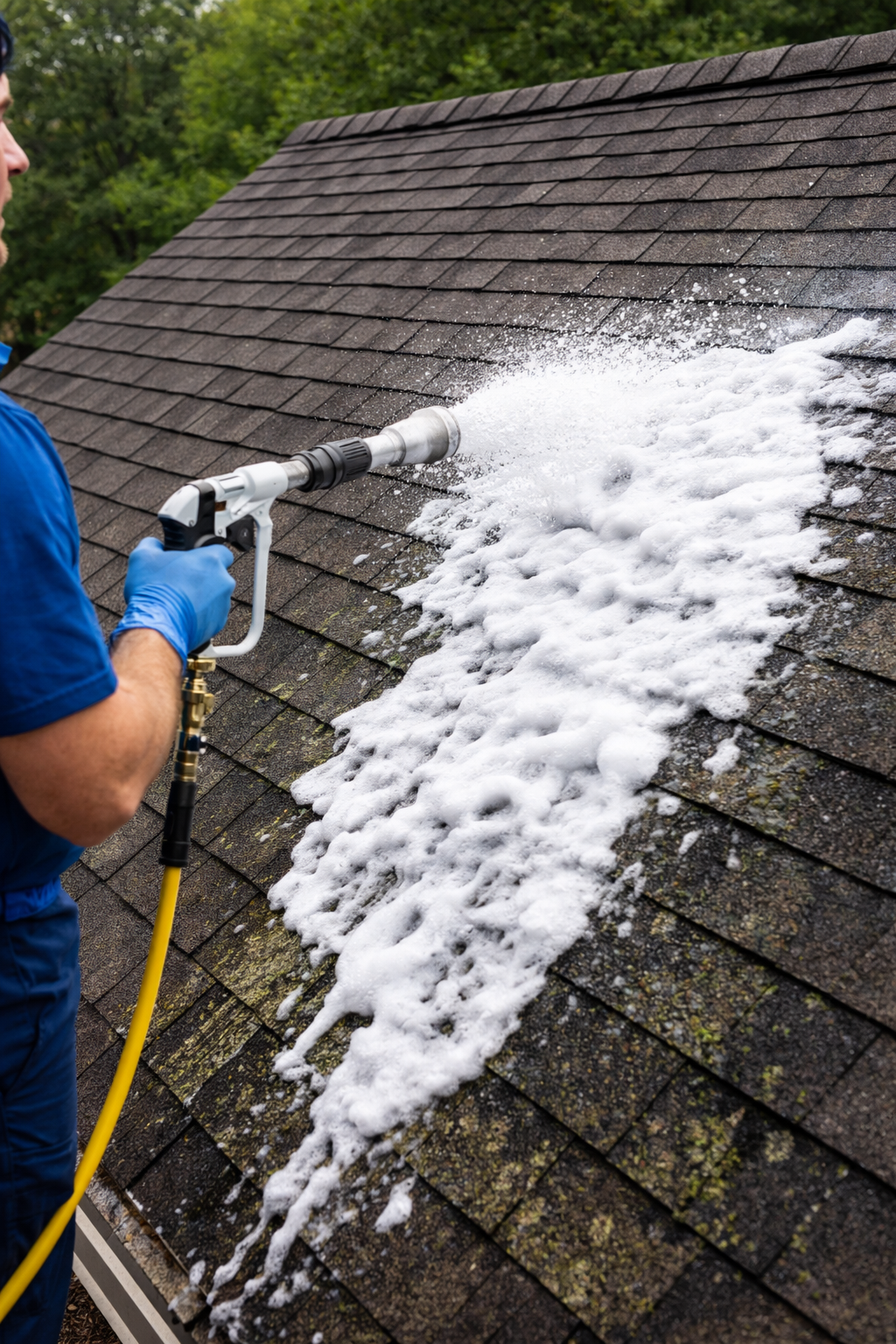A person wearing blue gloves sprays white cleaning foam onto a dark, weathered shingle roof from a hose attachment.
