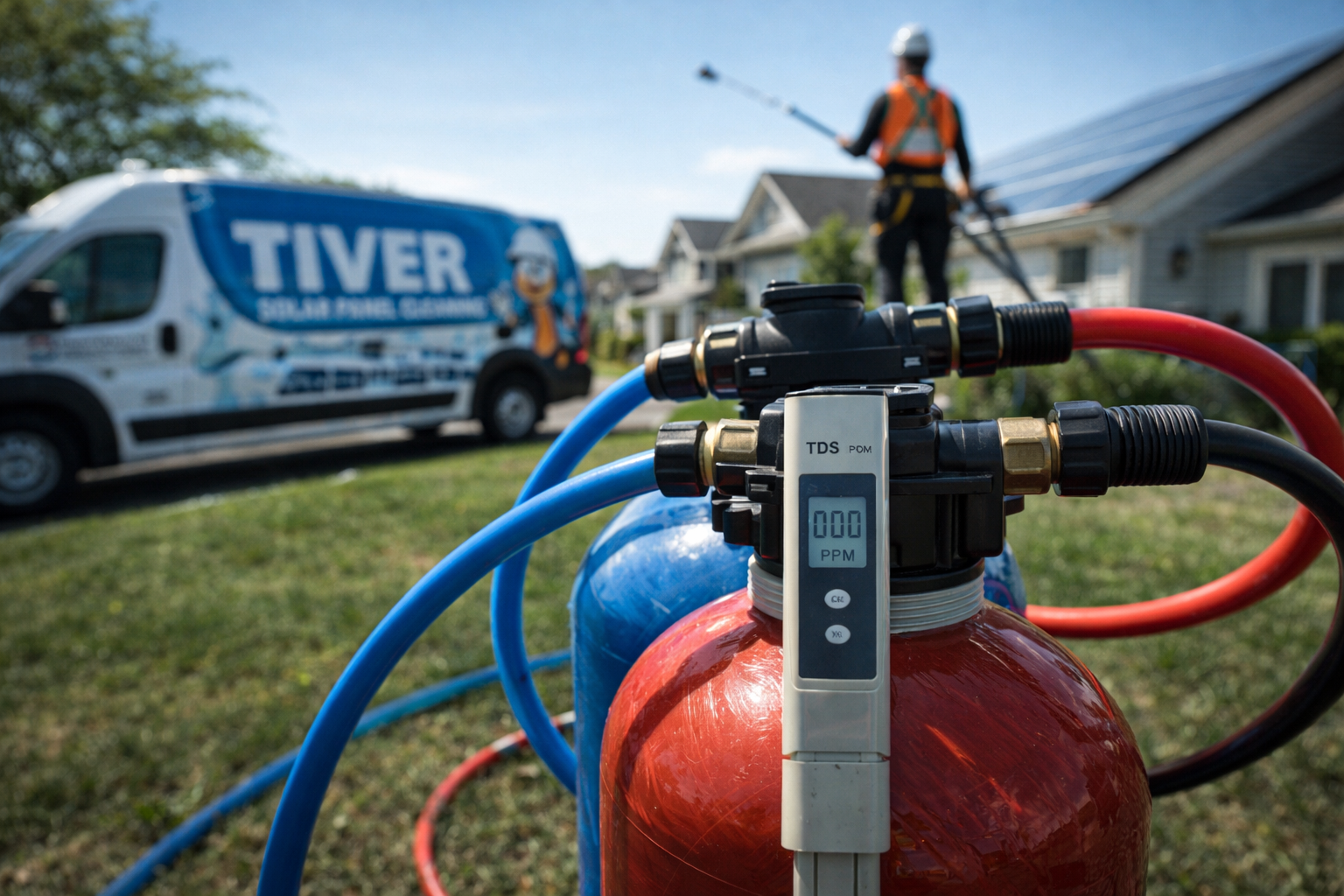 A water filtration system for solar panel cleaning sits in the foreground, with a service van and worker in the background.