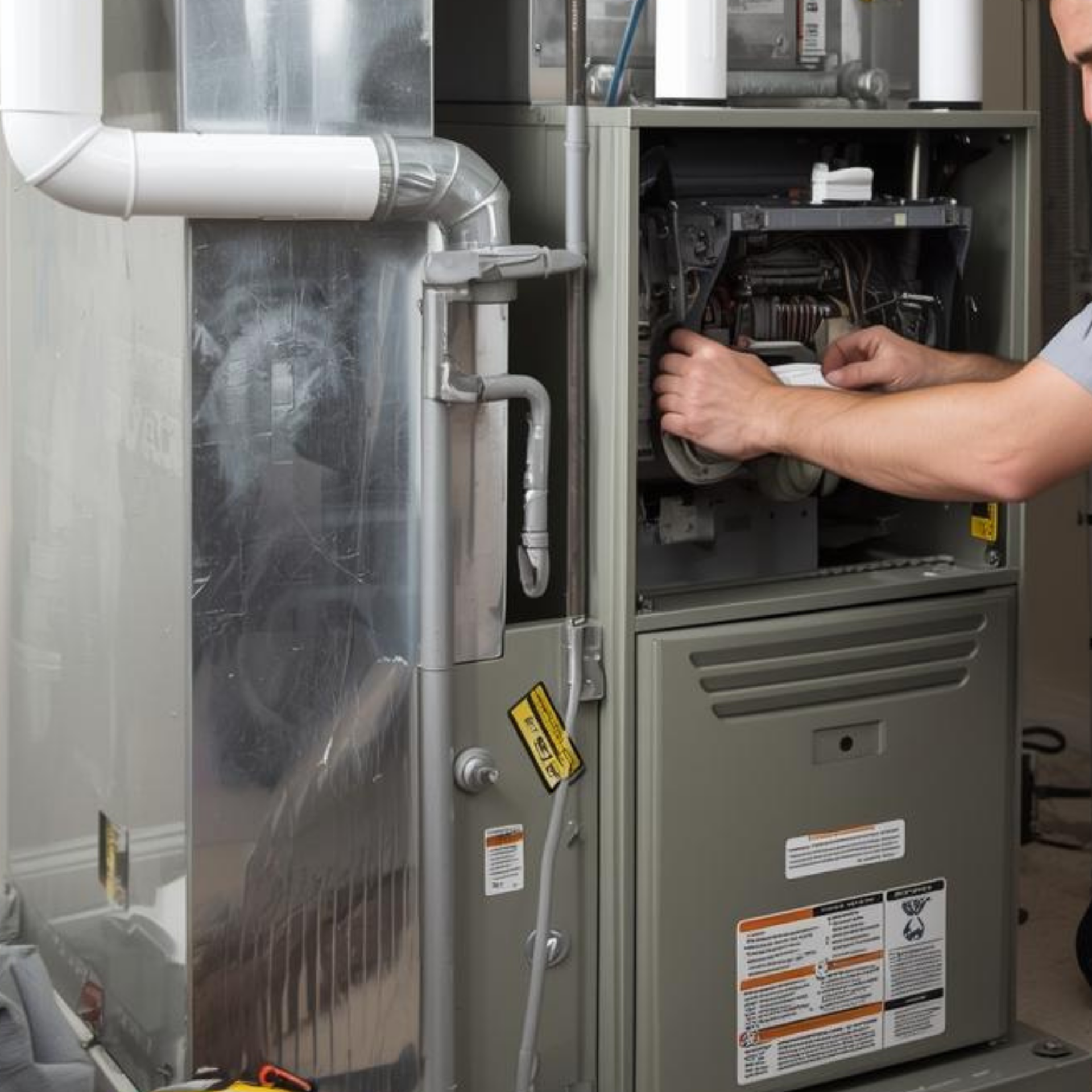 HVAC technician working on a furnace in a home.