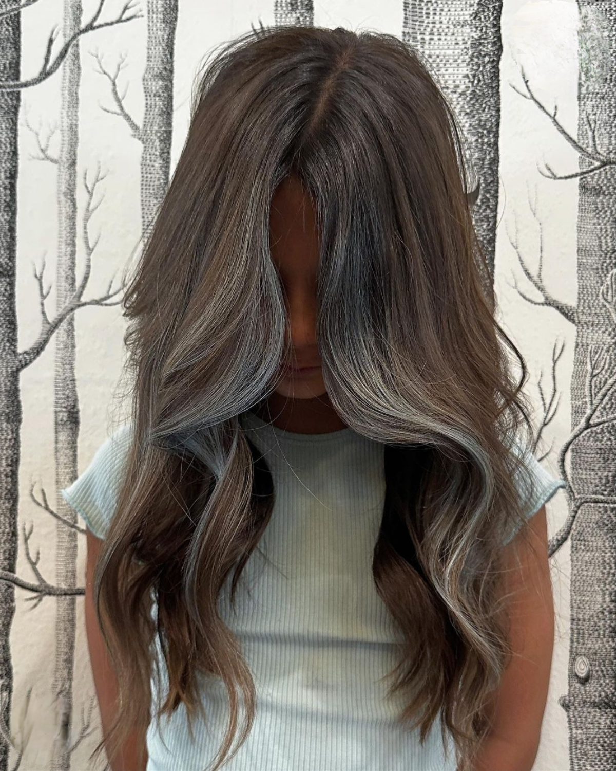 Girl with long brown hair, styled with silver highlights, in front of a forest-themed wallpaper.