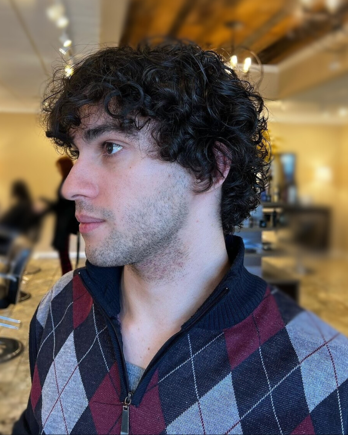 Man with curly dark hair, wearing a grey and burgundy argyle sweater, in a salon.
