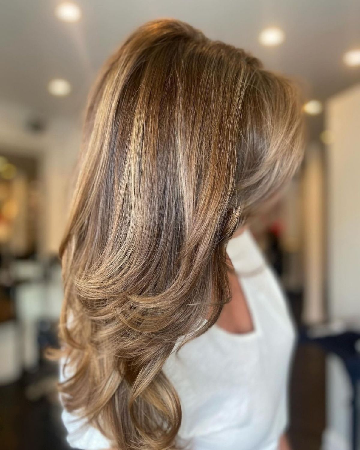 Long wavy brown hair with blonde highlights.