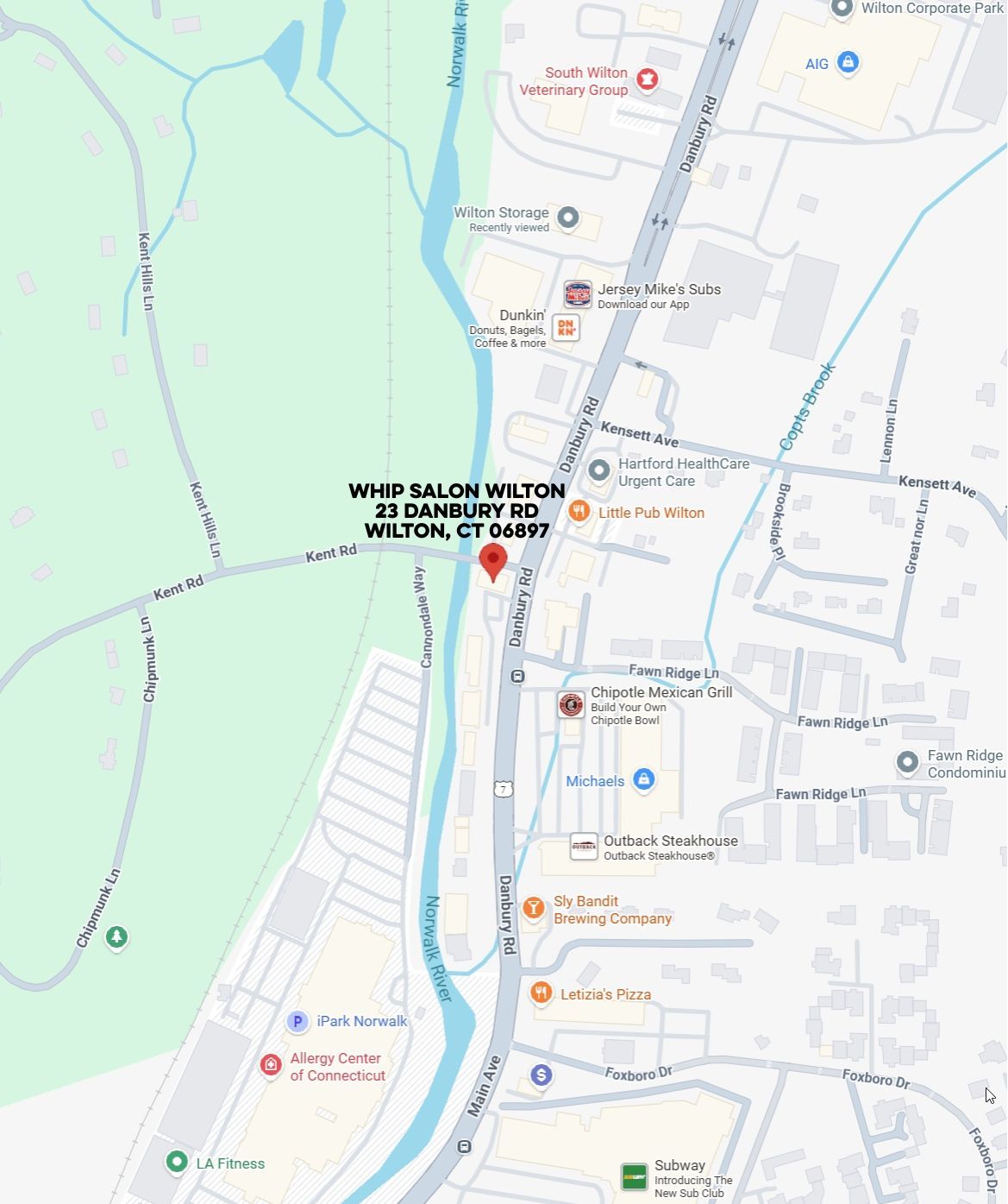 Map showing the location of Whip Salon in Wilton, Connecticut, at 23 Danbury Rd.