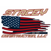 Stacey Construction, LLC logo over a stylized American flag with a building crane and red brushstroke accents