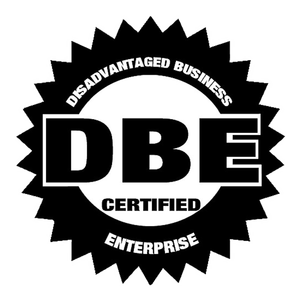 Black DBE certified seal reading “Disadvantaged Business Enterprise” around “DBE.”
