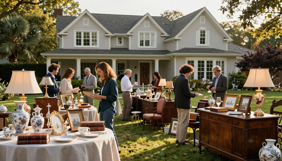 Outdoor garden party in front of a gray house, with guests browsing tables of vintage decor and lamps.