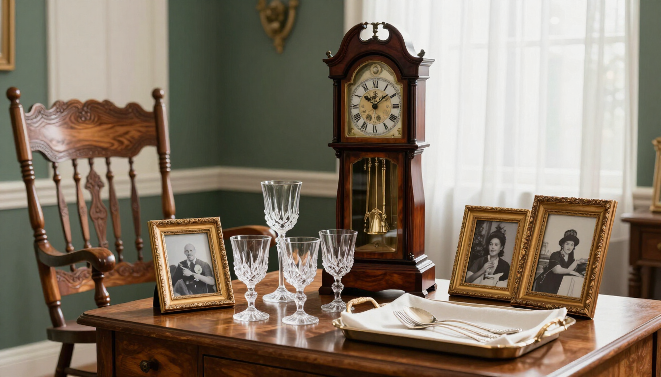 Antique wooden mantel clock on a dining table with framed photos, glassware, and a folded cloth in a bright room