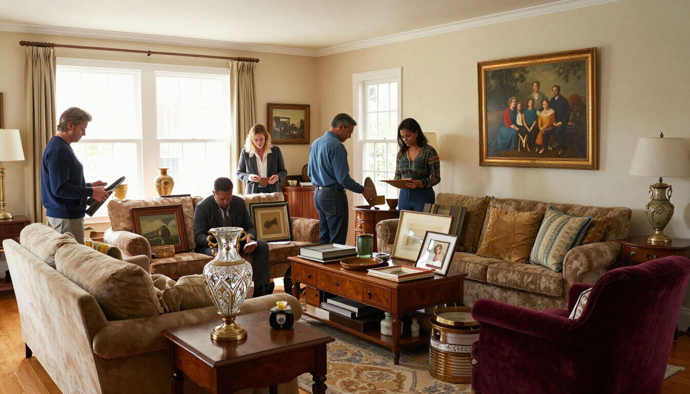 Living room with four people chatting among sofas, a coffee table, and framed artwork