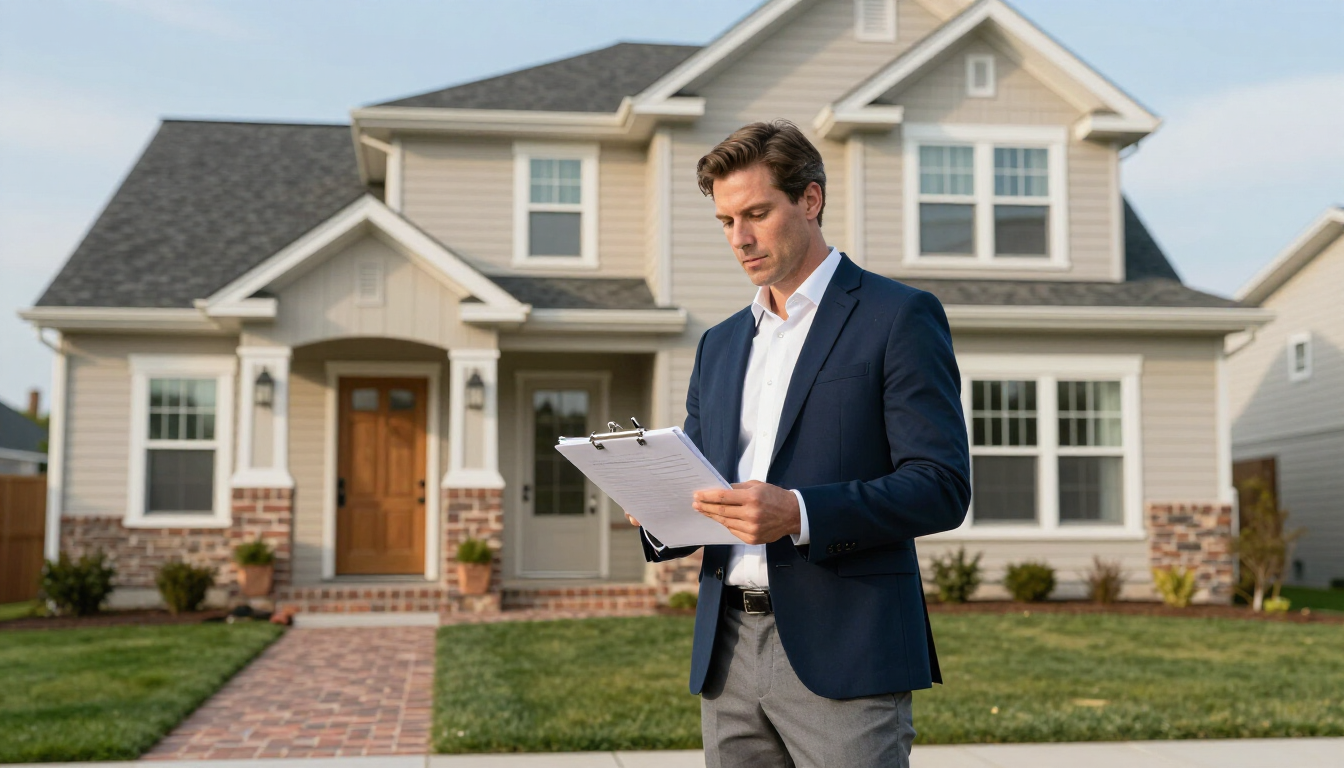 Man in navy suit reviewing papers in front of a suburban house with a brick walkway and lawn