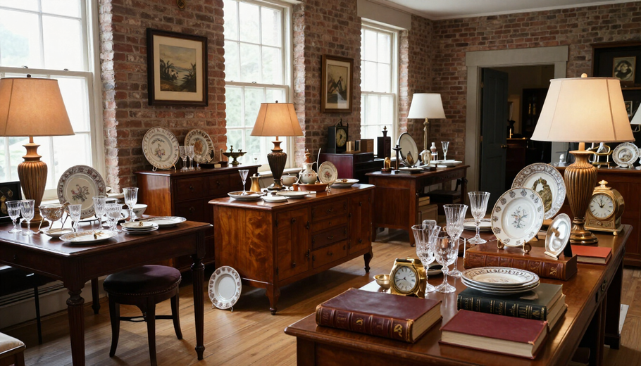 Elegant antique-filled living room with patterned wallpaper, wooden furniture, lamps, clocks, and porcelain decor.