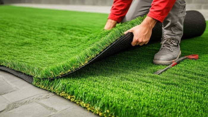Turf being laid out by man in red shirt