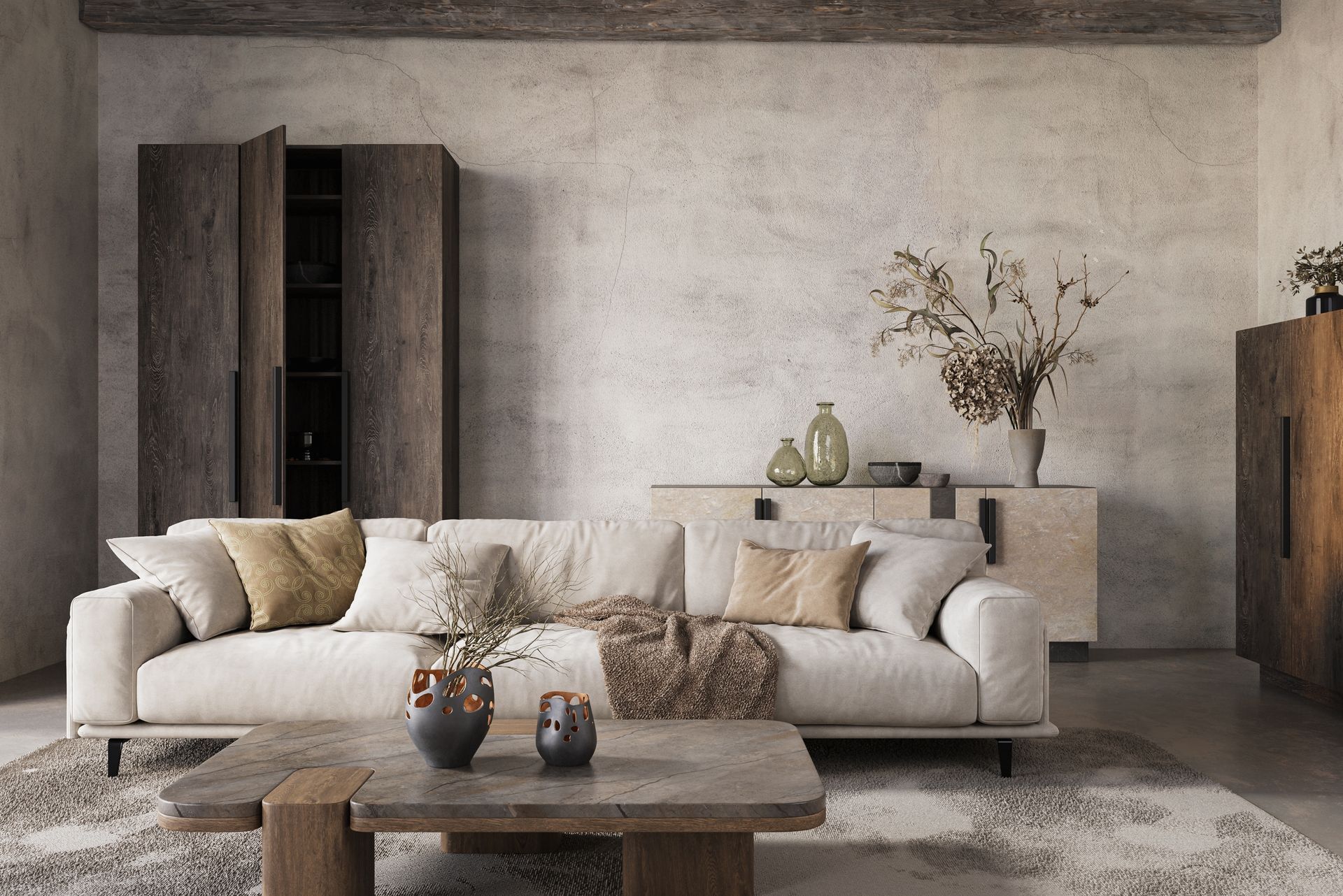 Cozy neutral-toned living room with beige sofa, rustic coffee table, and minimalist decor
