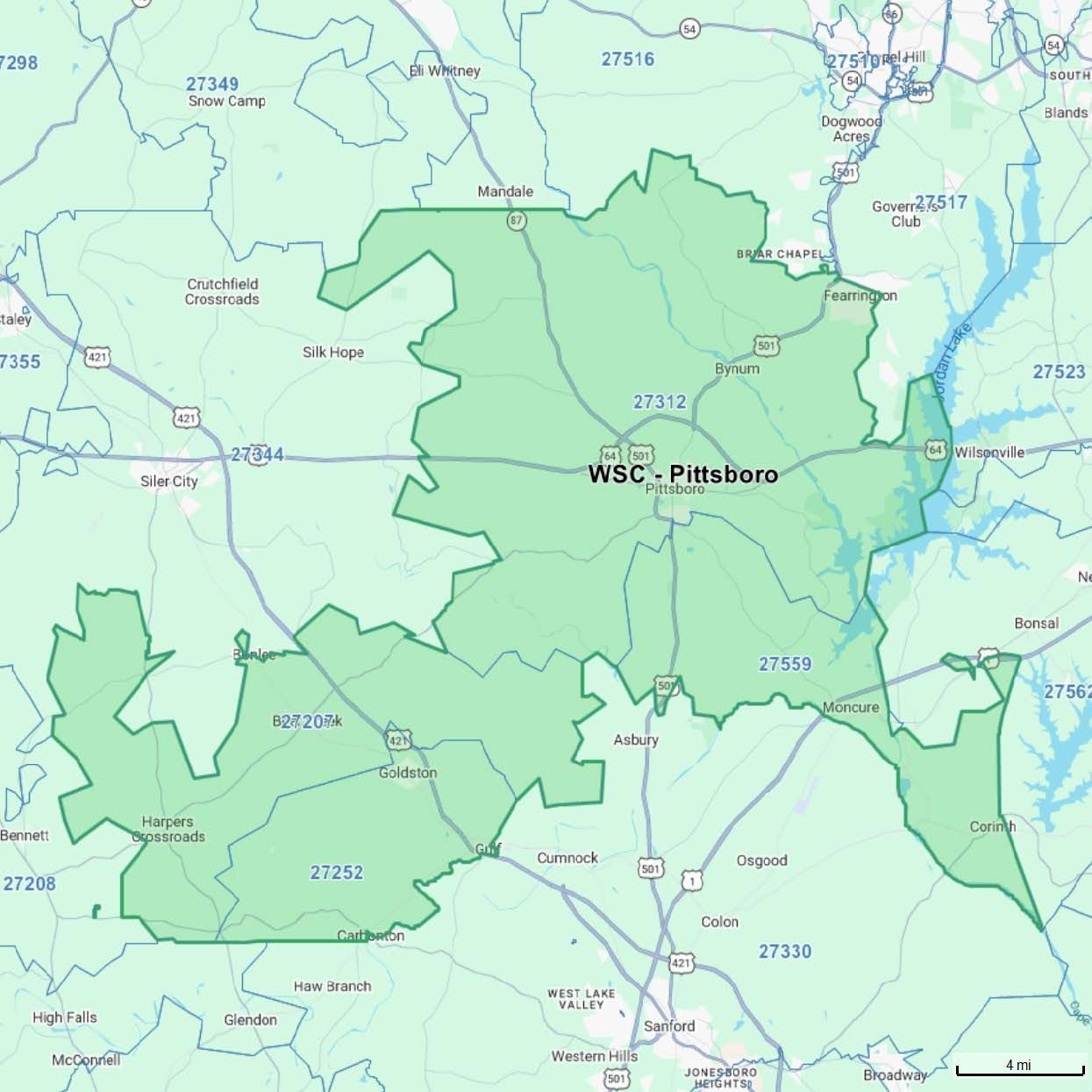 Map of WSC, Pittsboro service area outlined in green over a street map.