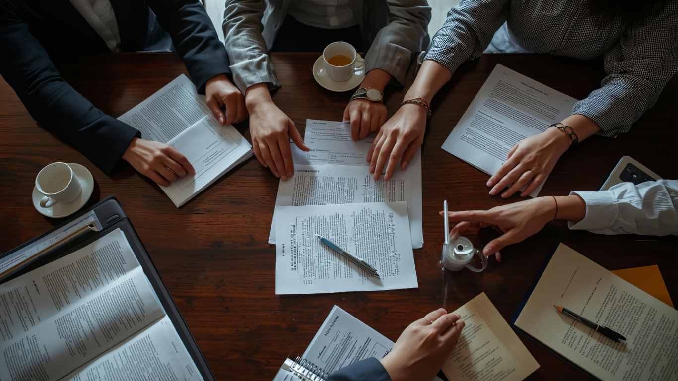 People at a table, reviewing documents. Papers, pens, and coffee cups are also present.