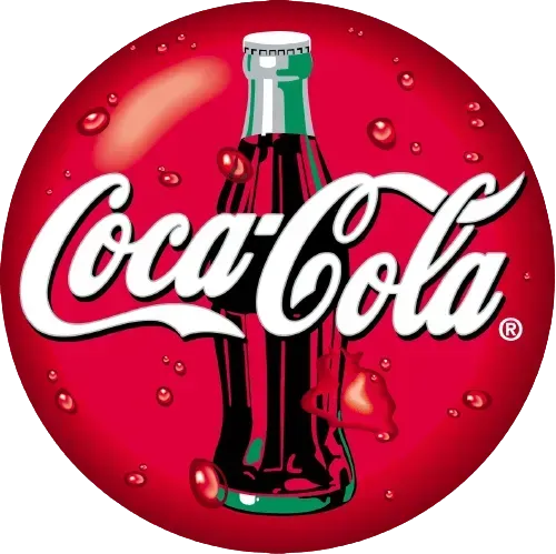 Coca-Cola logo with a bottle on a red background with water droplets.