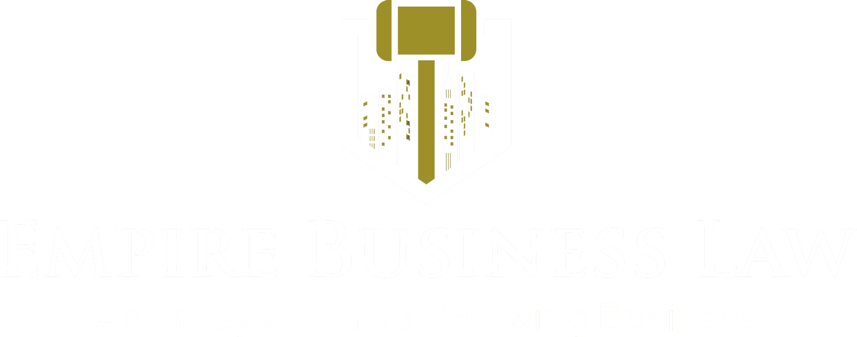 Gold gavel icon above white text, likely a law firm's logo.