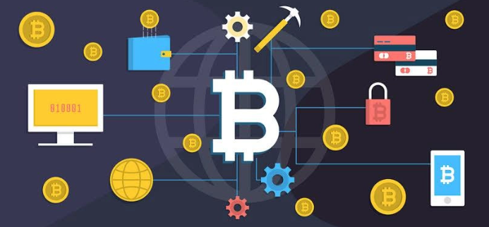 Bitcoin-themed illustration. Bitcoin symbol at center with coins, computer, wallet, and gear icons on dark background.