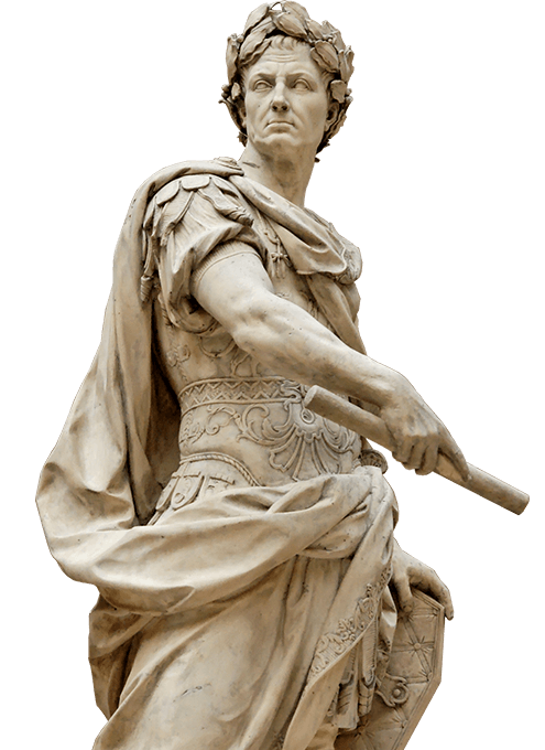Statue of a Roman emperor wearing laurel wreath, holding a scroll and wearing armor.