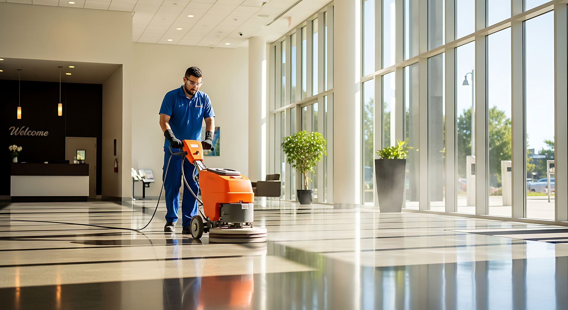 Janitor in blue uniform using an orange floor scrubber in a bright lobby with large windows